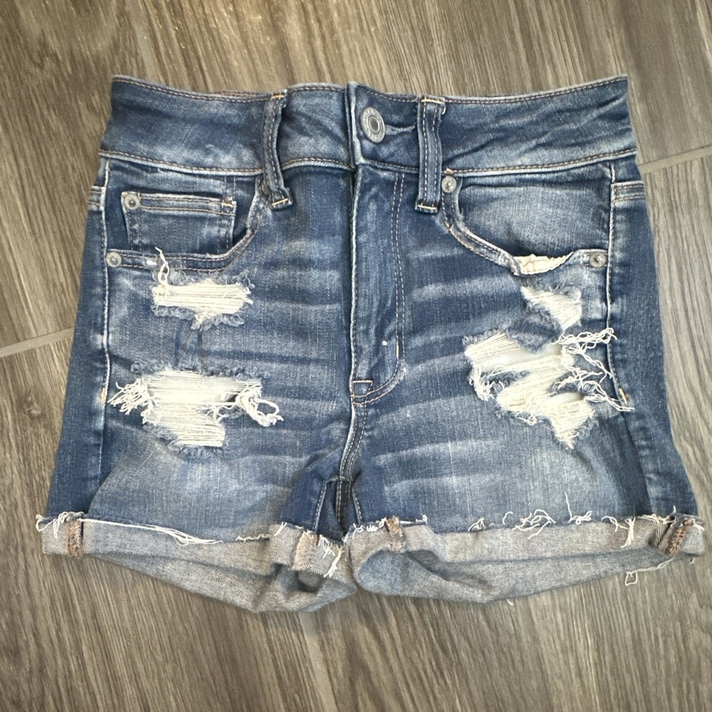 American Eagle Next Level Stretch Distressed Cut Off Denim Shorts Blue Womens 2